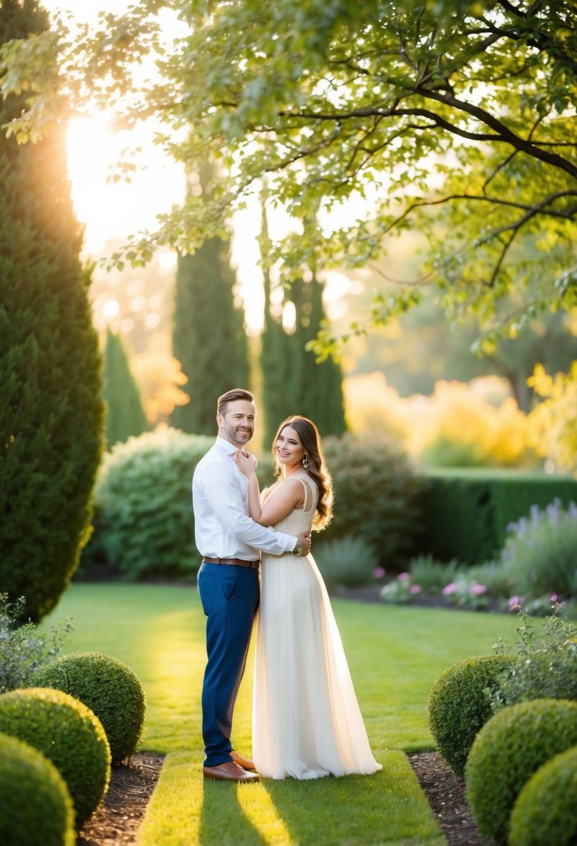 A serene garden with a soft, golden light filtering through the trees, creating a warm and inviting atmosphere for the couple to pose in