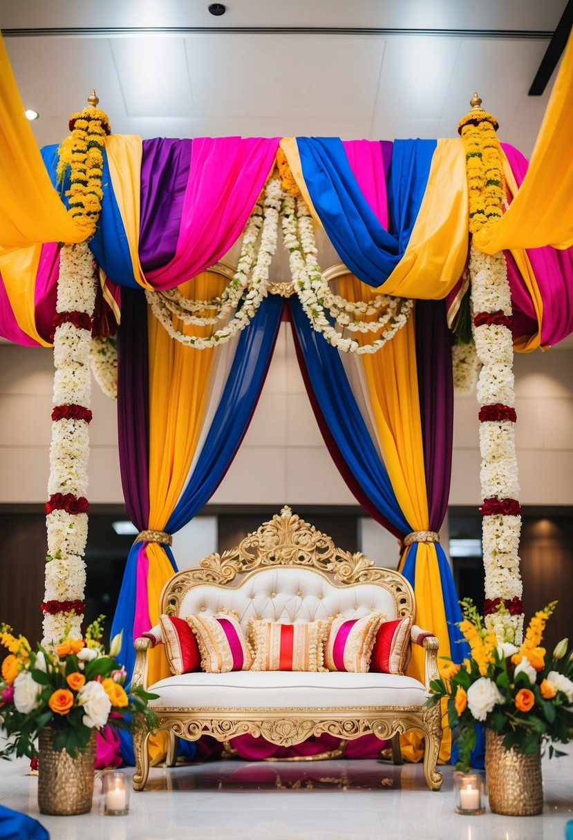 An ornate mandap adorned with colorful drapes and flowers, blending traditional Indian elements with modern western decor