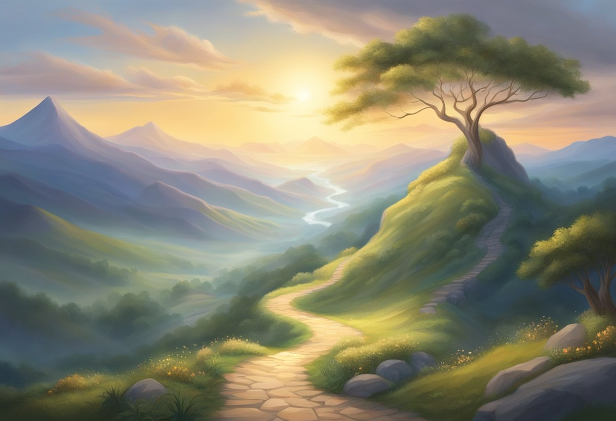 A serene landscape with a winding path leading up to a radiant, ethereal light at the top of a mountain. The scene is filled with a sense of spiritual awakening and enlightenment