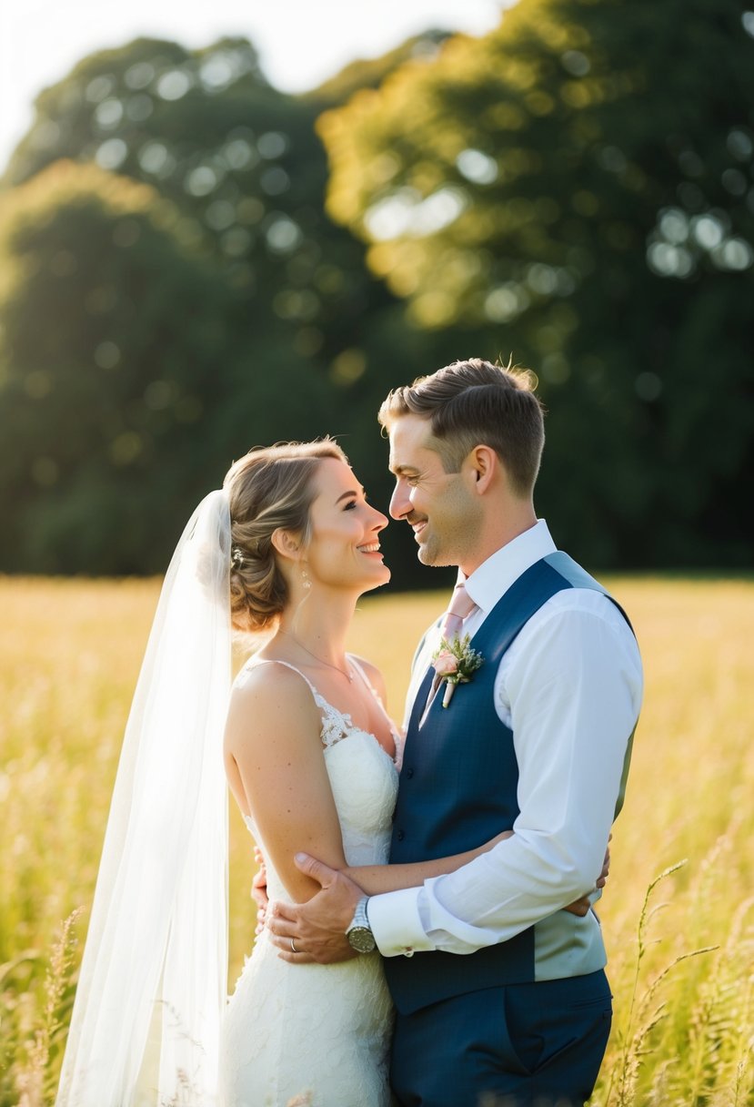 A couple standing in a sunlit field, gazing into each other's eyes with genuine affection. The bride's veil gently blowing in the breeze