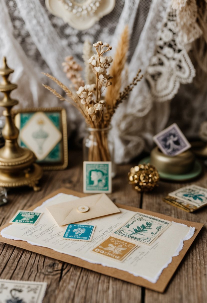 A rustic wooden table adorned with hand-torn edge stationery, vintage stamps, and delicate dried flowers, set against a backdrop of lace and antique trinkets