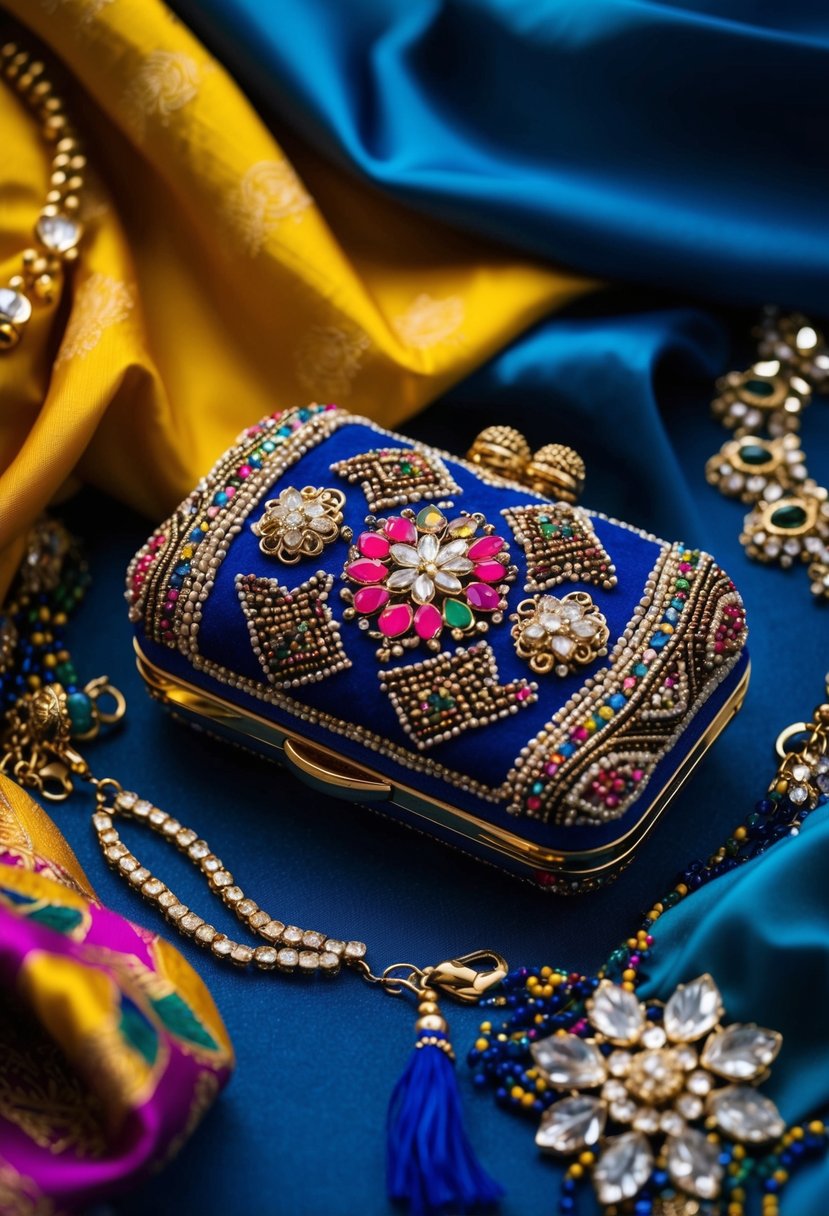 A small ethnic clutch adorned with intricate beading and embroidery, surrounded by vibrant silk fabrics and sparkling jewelry