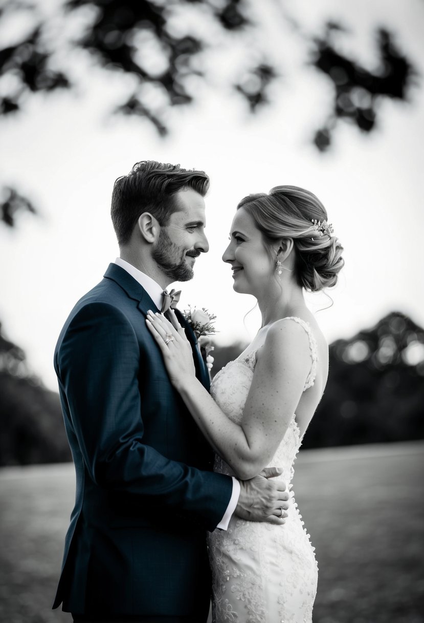 A bride and groom standing close together, making subtle adjustments to their posture and angle for a variety of wedding poses