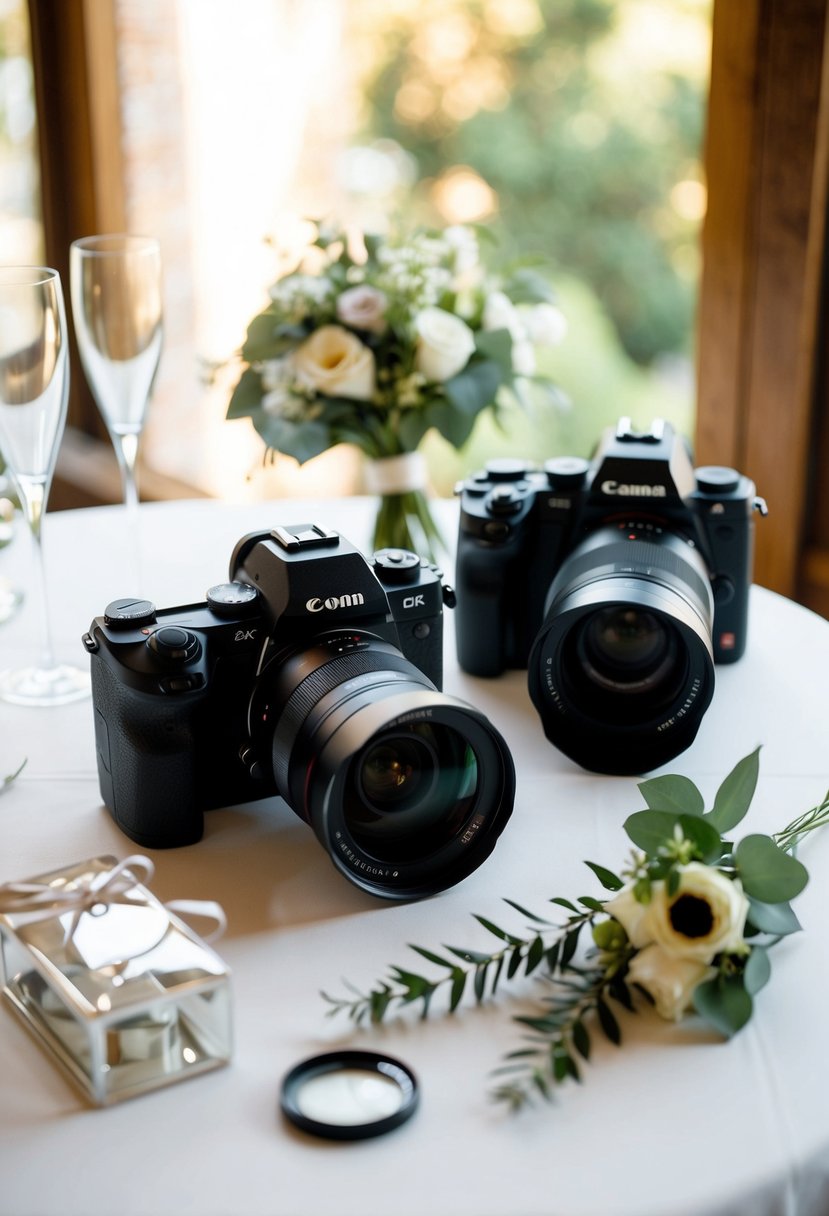 Two camera bodies on a table, one with a wide-angle lens and the other with a telephoto lens. Wedding props and a bouquet nearby