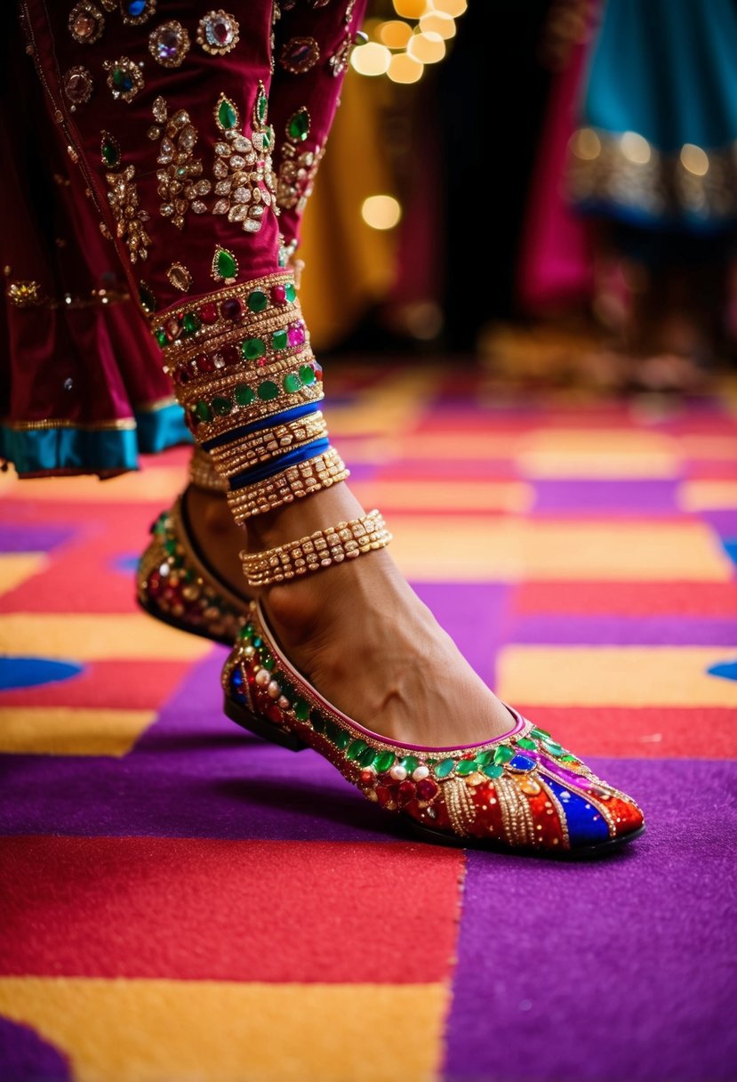 A pair of colorful, embellished Indian-style shoes on a vibrant dance floor