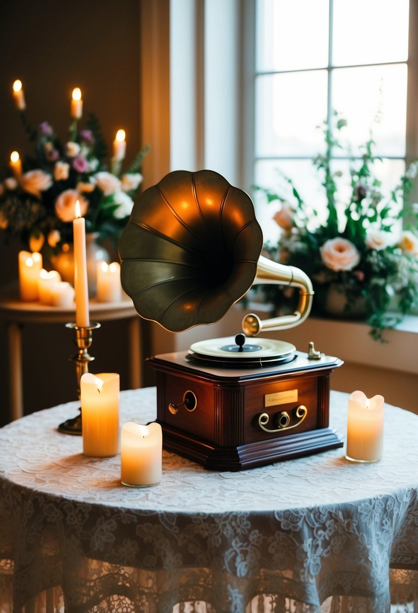 A vintage gramophone sits on a lace-covered table, surrounded by flickering candles and floral arrangements. The room is filled with warm, nostalgic light