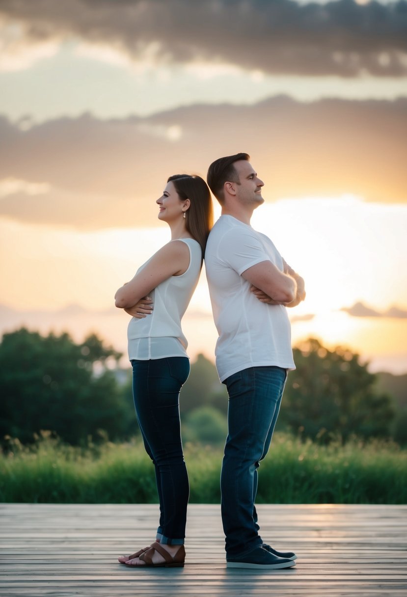 A couple stands in a relaxed pose, their arms slightly bent and their knees slightly bent to avoid locking, creating a natural and comfortable appearance