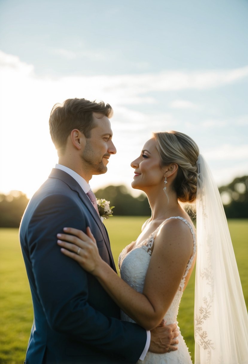 A couple stands close, gazing at each other, as the wind gently lifts the veil and the sun creates a soft glow around them