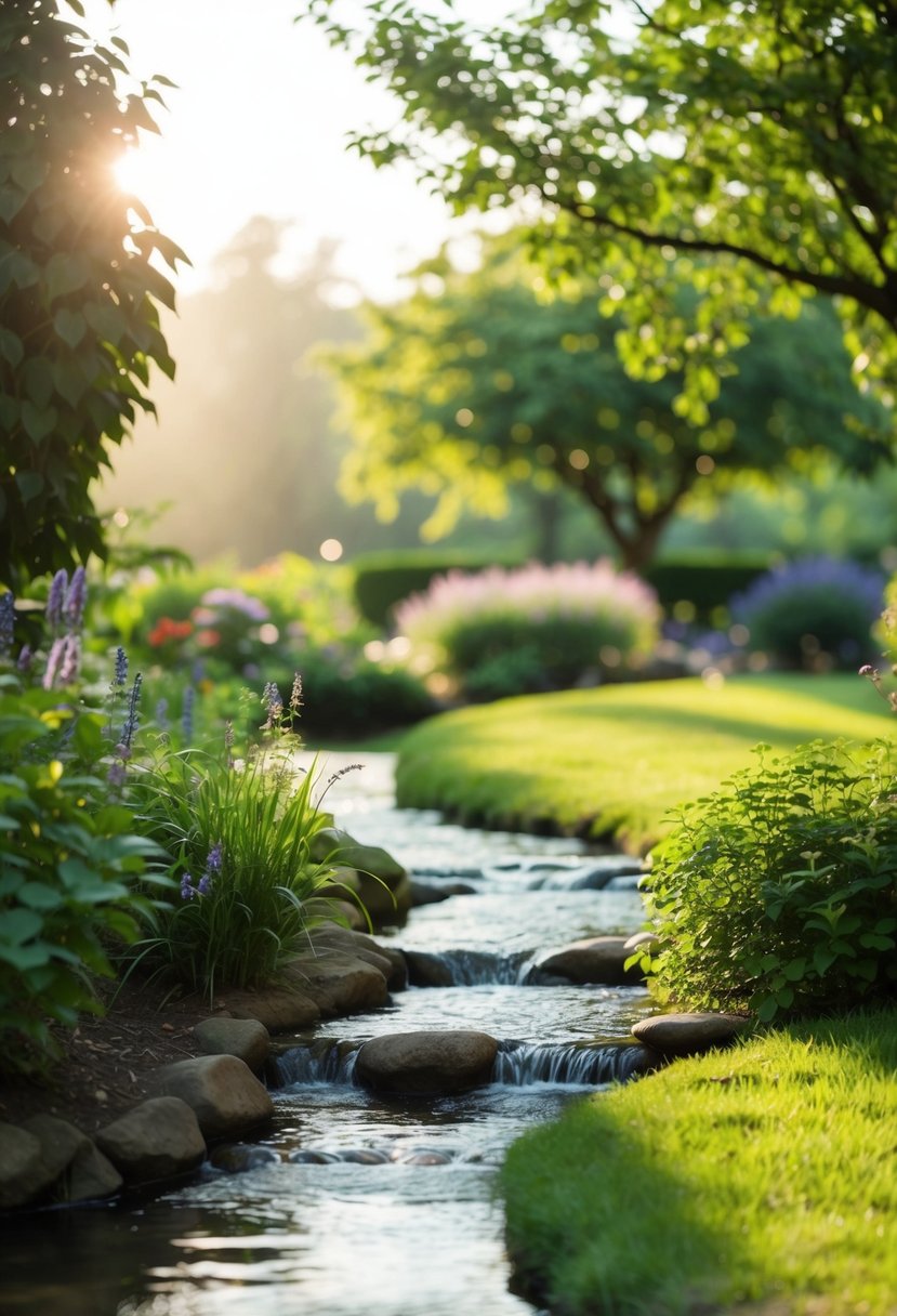 A serene garden with a gently flowing stream, soft sunlight filtering through the trees, and a peaceful atmosphere