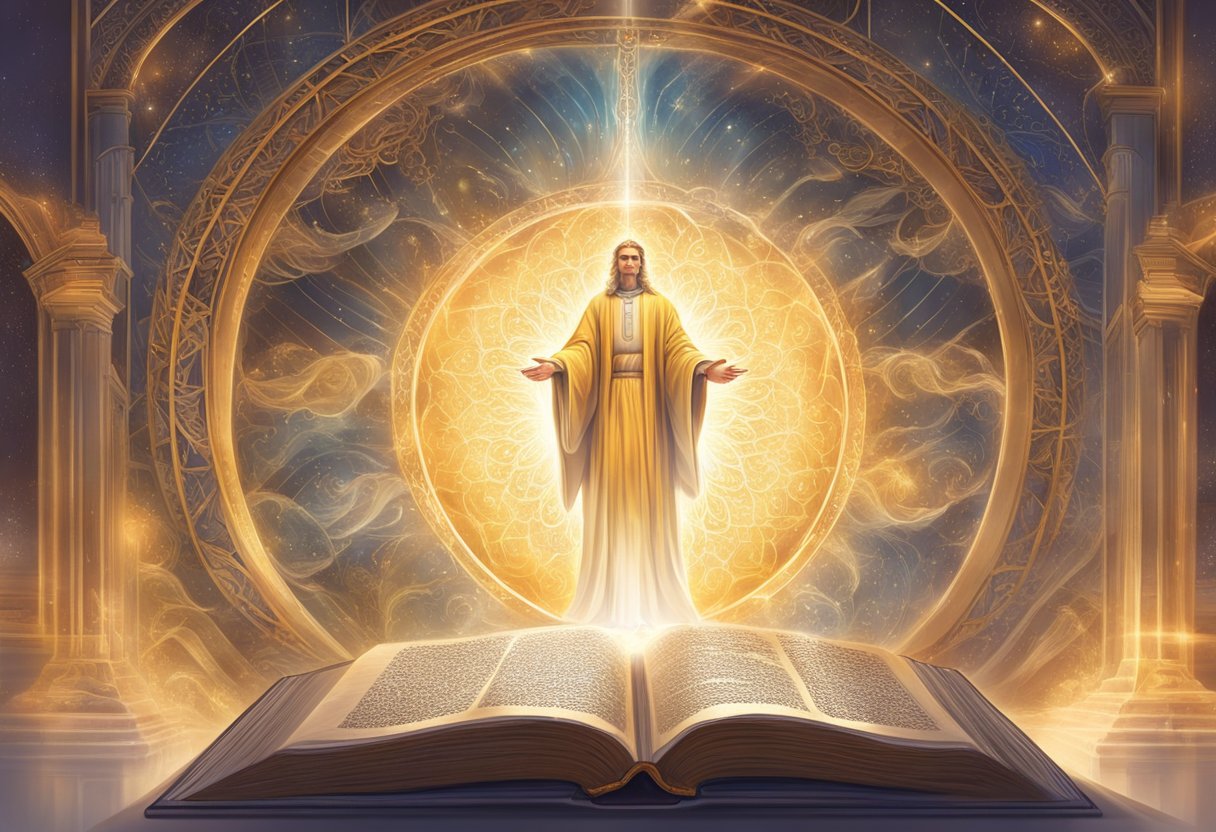A glowing, ethereal figure hovers above an open Bible, surrounded by radiant light and symbols of wisdom and enlightenment