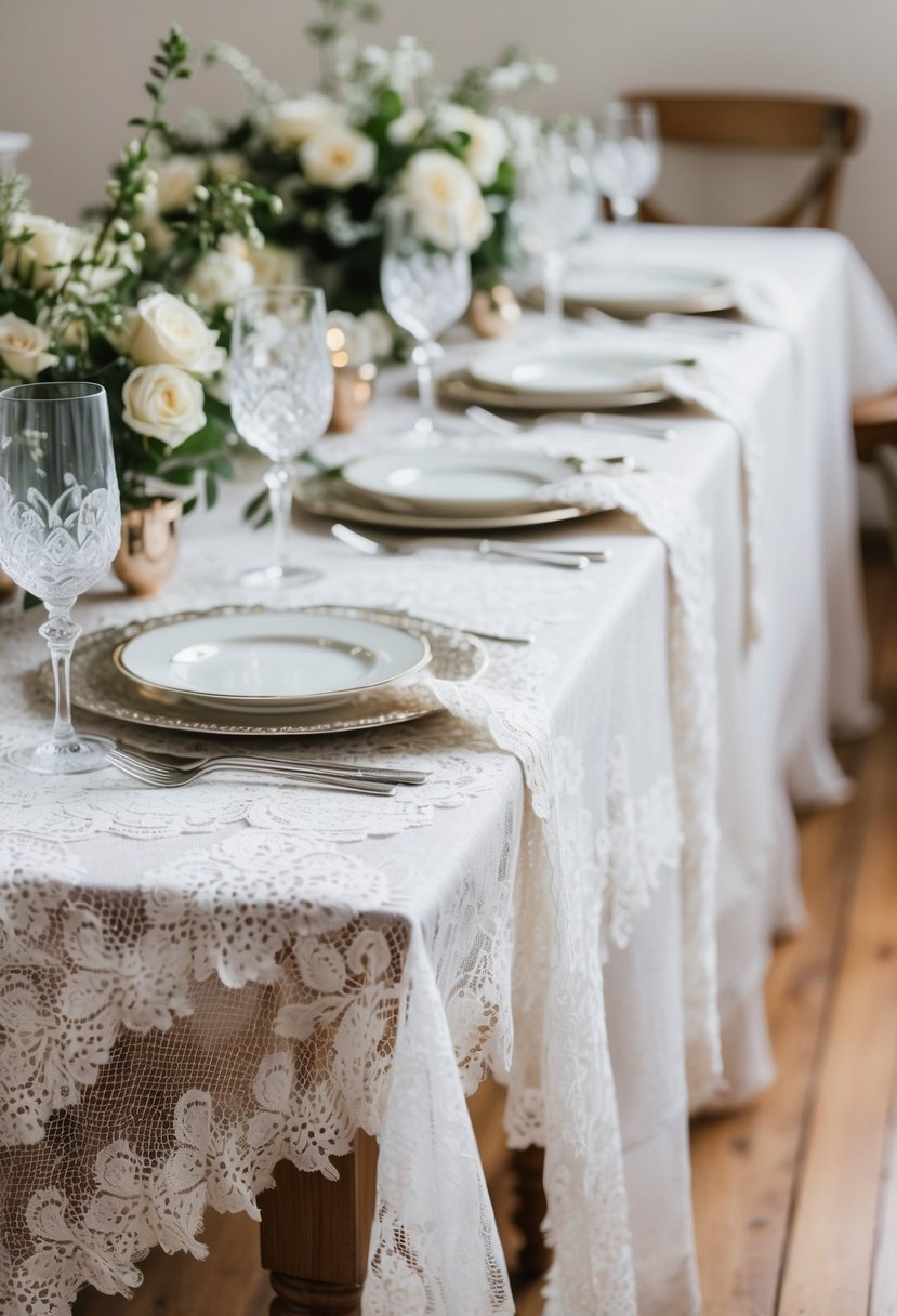 A lace tablecloth drapes over a wooden table adorned with delicate china, silver cutlery, and crystal glassware, creating a vintage ambiance for a wedding celebration