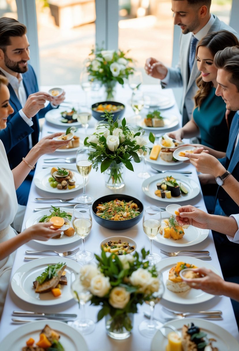 A table set with a variety of elegant dishes, surrounded by couples sampling and discussing the flavors