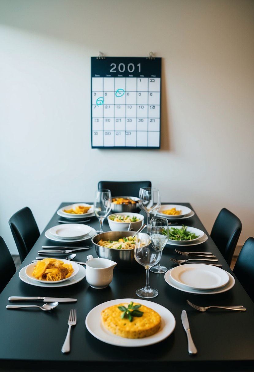 A table set with various dishes and utensils, surrounded by chairs. A calendar with dates circled hangs on the wall