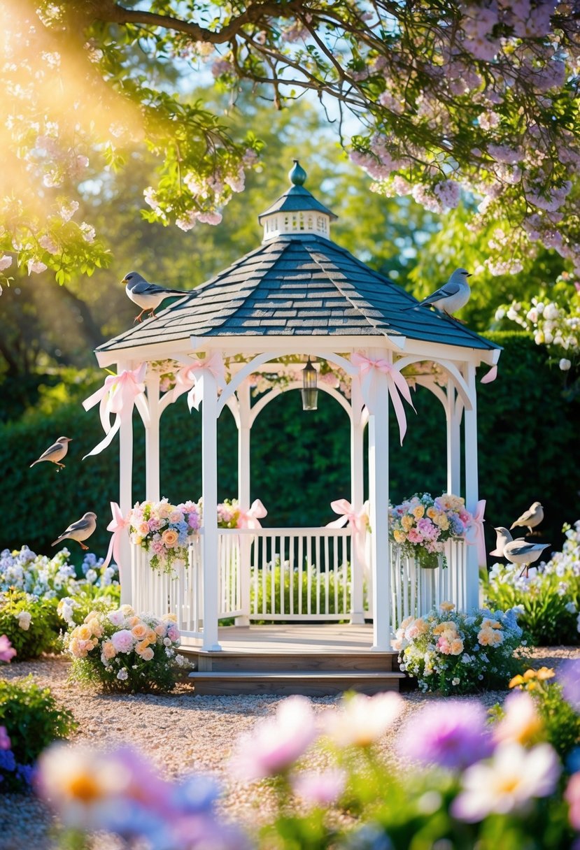 A blooming garden with a gazebo adorned with pastel flowers and ribbons, surrounded by chirping birds and dappled sunlight