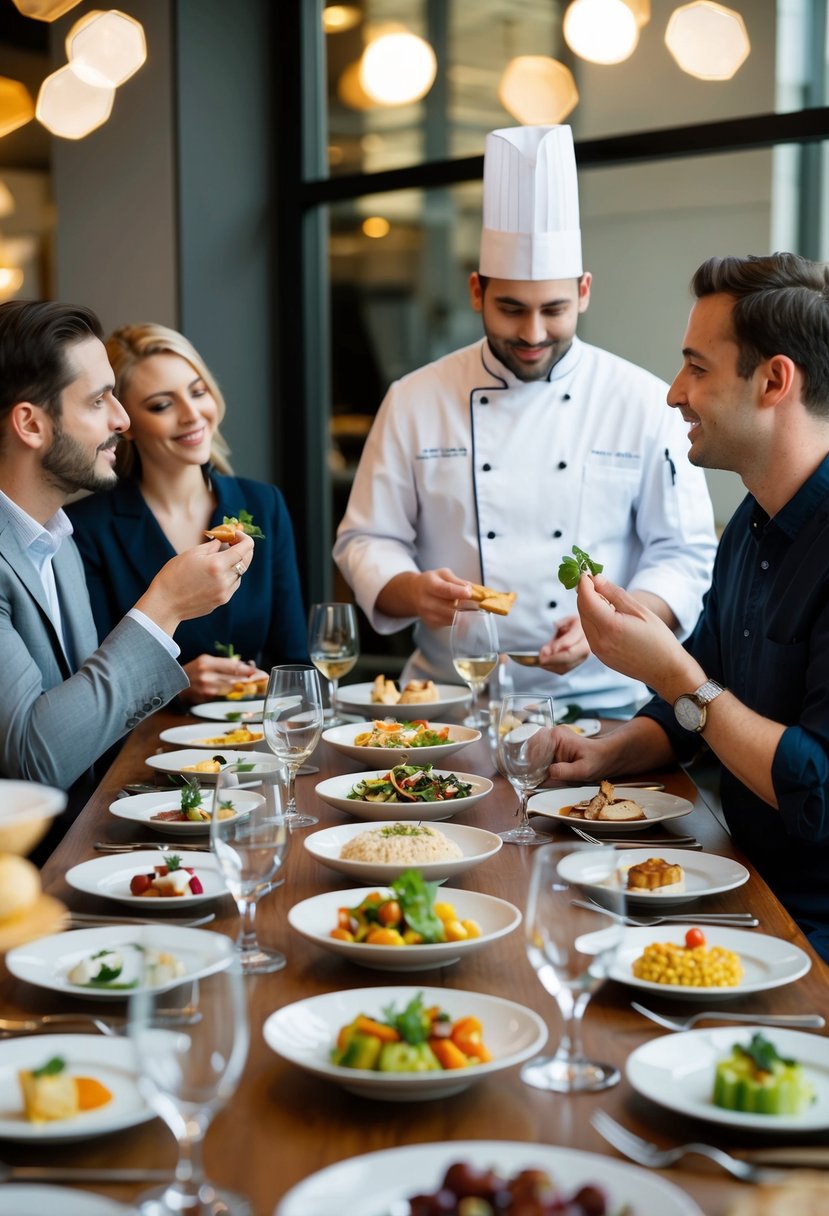 A table set with a variety of small dishes, cutlery, and glasses. A couple sits across from a chef, sampling different foods and discussing