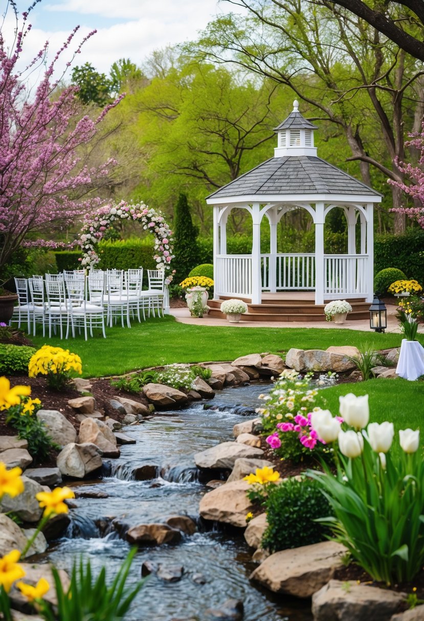 A picturesque outdoor garden with blooming flowers, a flowing stream, and a white gazebo, set up for a spring wedding with elegant chairs and a floral archway