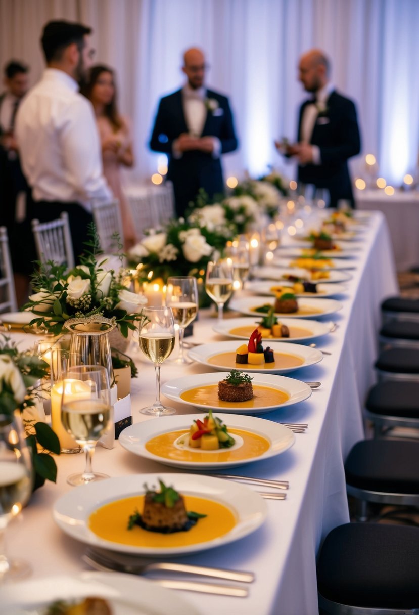 A table set with an array of gourmet dishes, surrounded by elegant decor and soft lighting, ready for a wedding food tasting event