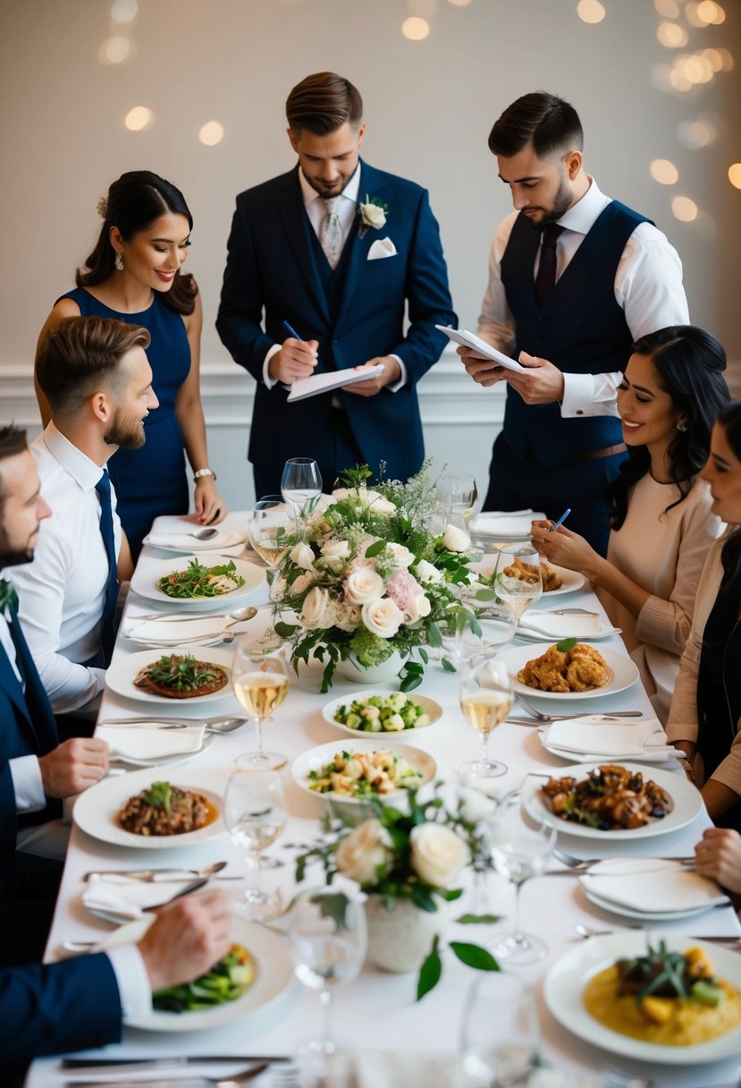 A table set with various elegant dishes, surrounded by a couple and a wedding planner taking notes and discussing