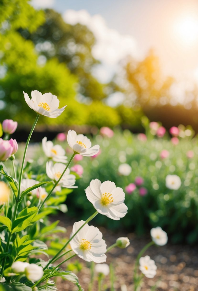 A serene garden with blooming flowers, a gentle breeze, and a warm, sunny sky sets the perfect backdrop for a spring wedding