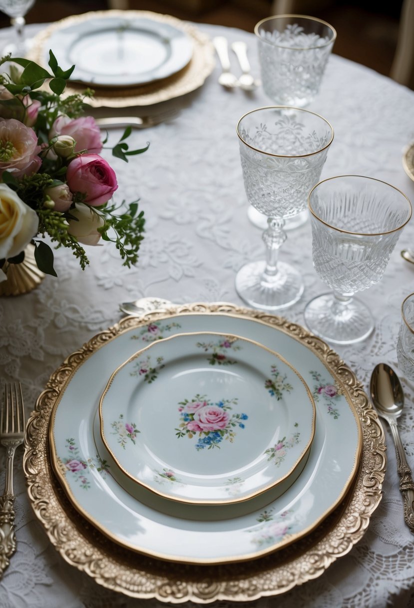 Elegant vintage place settings with ornate silverware, delicate floral china, and crystal glassware on a lace tablecloth