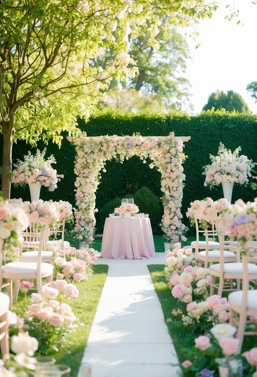 A serene garden filled with blooming pastel flowers, soft sunlight filtering through the trees, and a delicate outdoor wedding setup with pastel-colored decorations