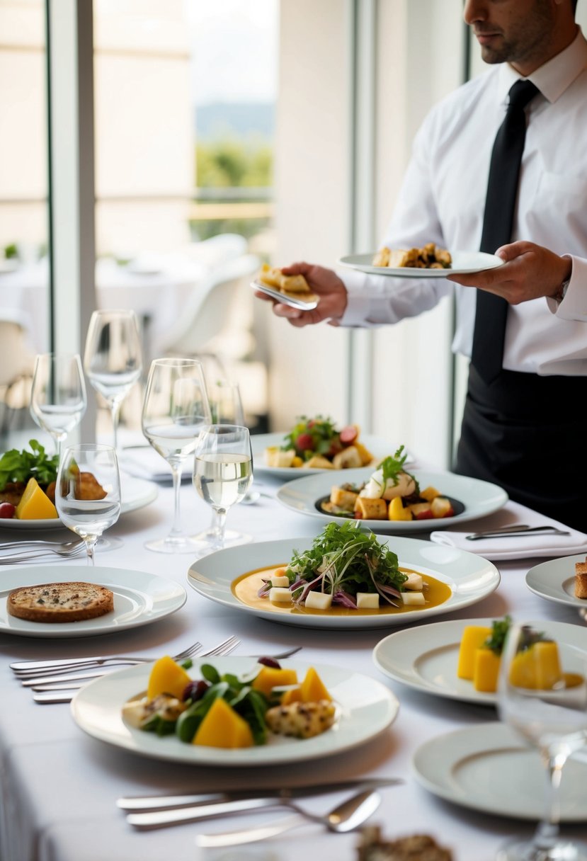 A table set with various plates of food, surrounded by elegant cutlery and glassware. A server stands nearby, ready to assist with the tasting