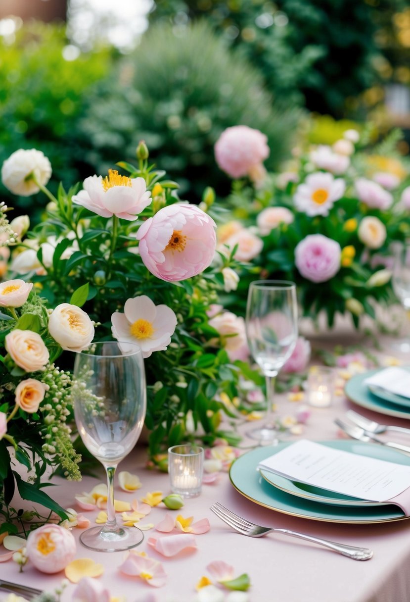 A lush garden with blooming flowers and greenery, delicate petals scattered on a table with elegant place settings, and a soft color palette of pastel tones