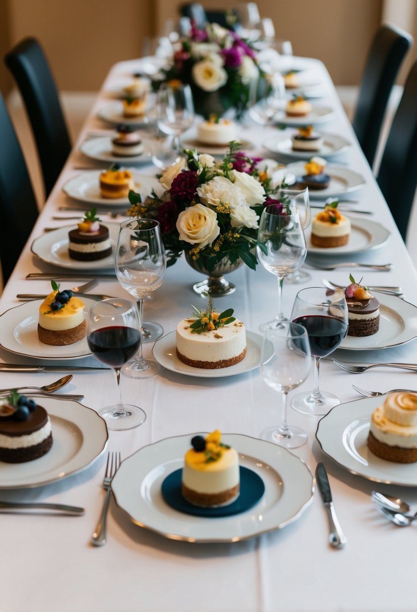 A table set with a variety of elegantly plated dishes and desserts, surrounded by wine glasses and floral centerpieces