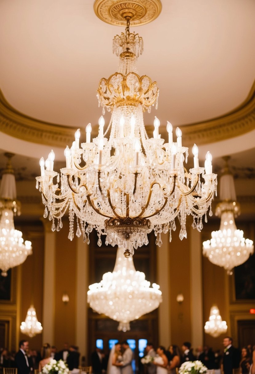 A grand ballroom adorned with ornate vintage-style chandeliers, casting a warm and romantic glow for a vintage wedding celebration