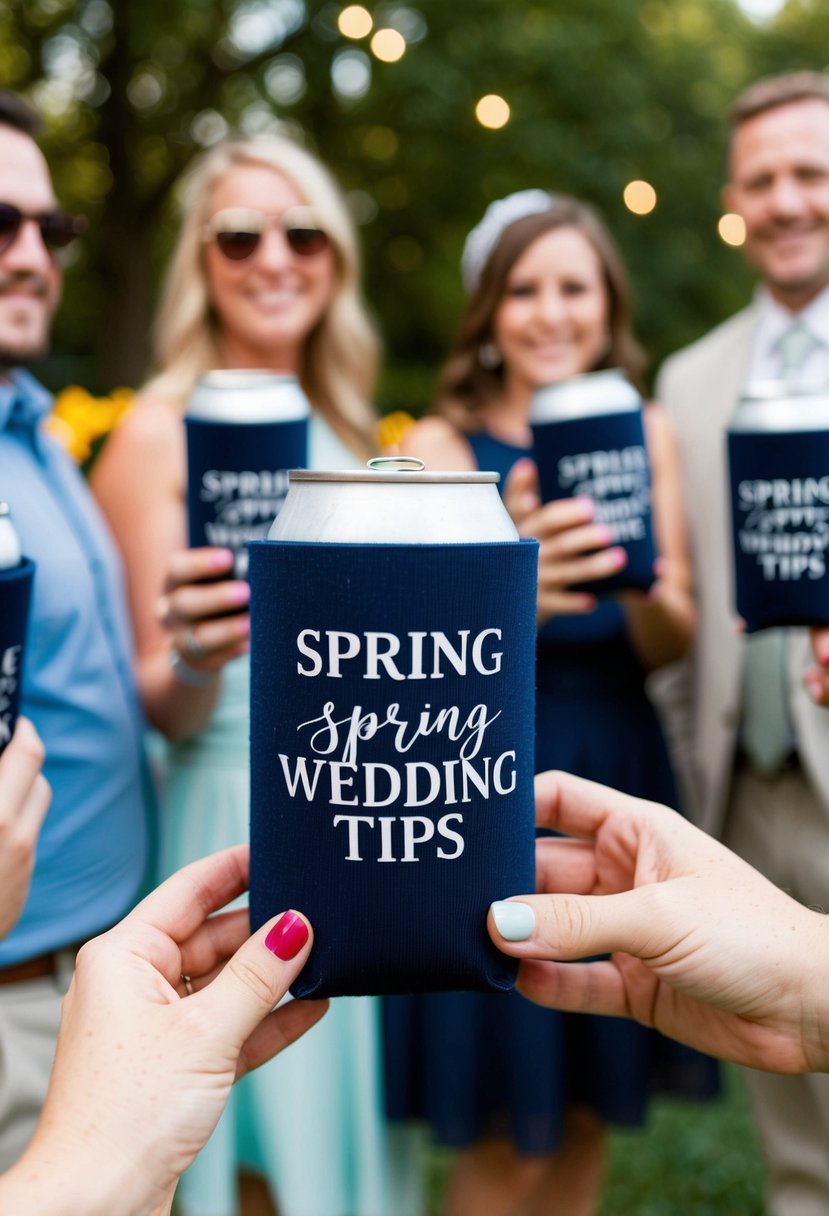 Guests receive custom Koozies with spring wedding tips