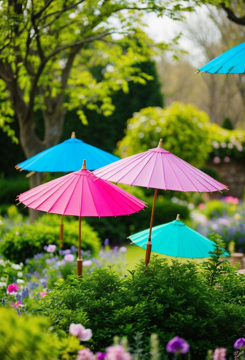 Brightly colored parasols dot the lush garden at a spring wedding, adding pops of vibrant hues against the greenery