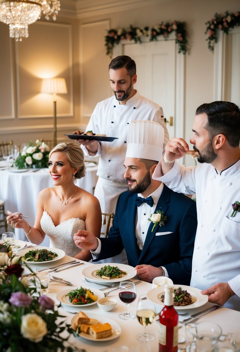 A bride and groom sit at a table sampling various dishes while a chef presents them with different options. The room is decorated with elegant table settings and floral arrangements