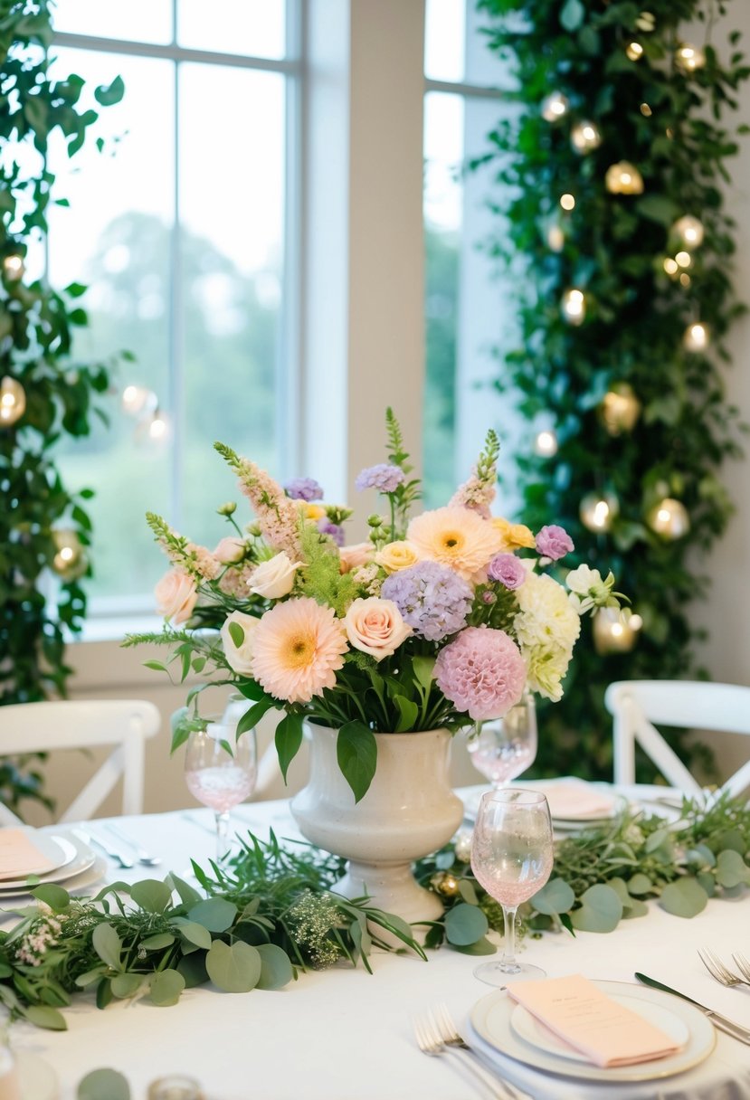 A table with a variety of fresh flowers in pastel colors, surrounded by greenery and soft lighting