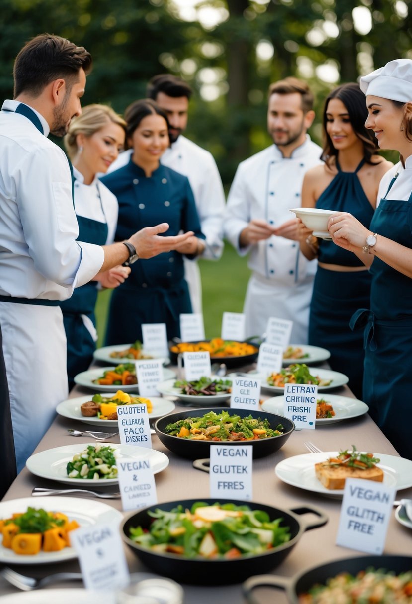 A table set with a variety of dishes, some labeled with dietary restrictions (vegan, gluten-free, etc.) as chefs and wedding planners discuss options