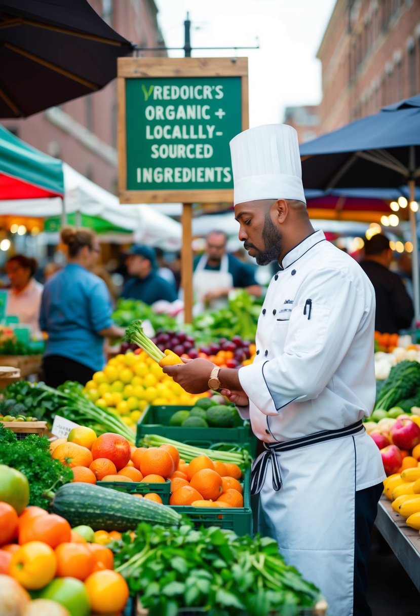 A chef inspecting fresh produce at a bustling outdoor market. Vendors display colorful fruits and vegetables. A sign advertises organic and locally-sourced ingredients