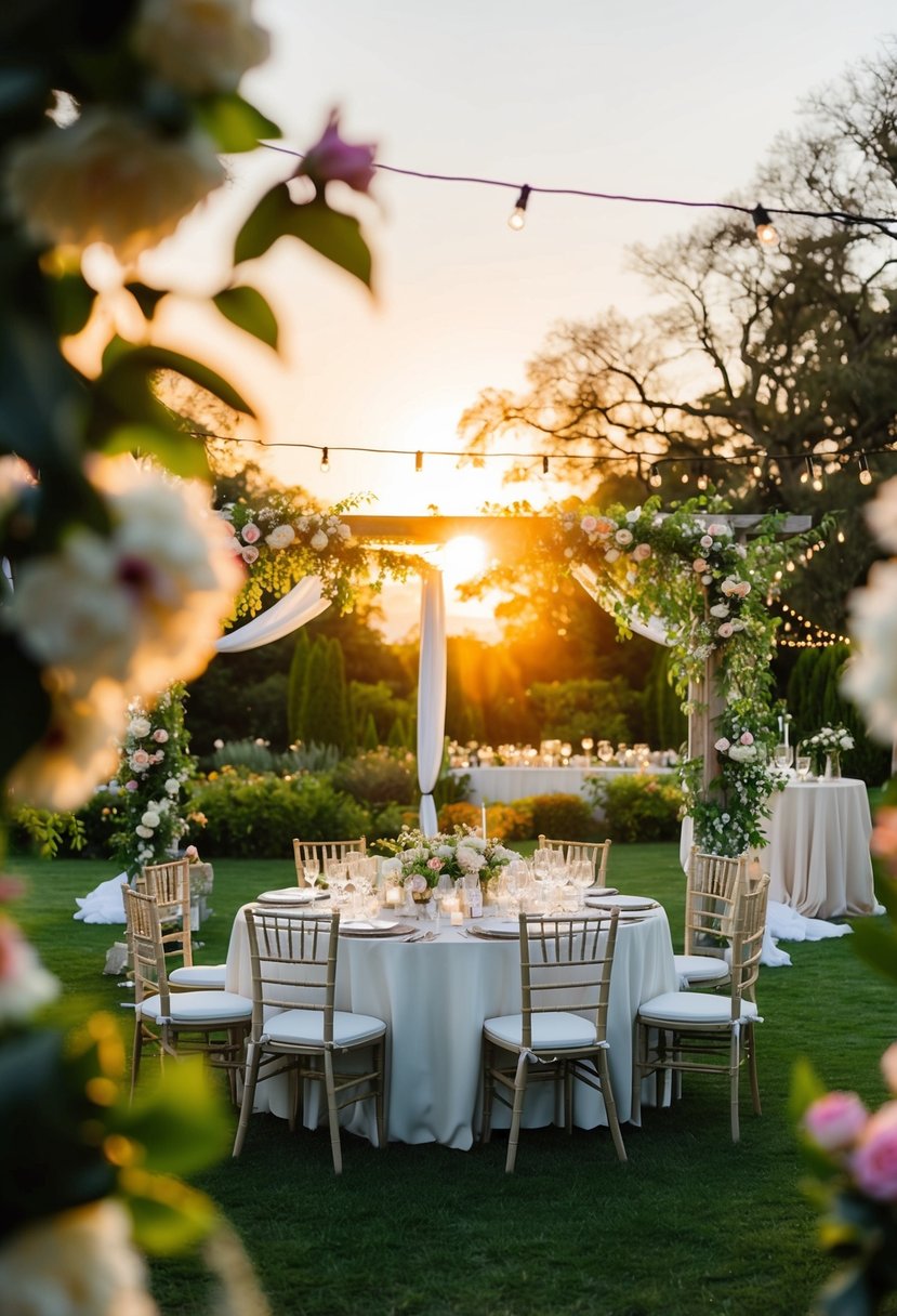 A serene garden with blooming flowers and a setting sun, casting a warm glow over a wedding reception setup with elegant decor and twinkling lights