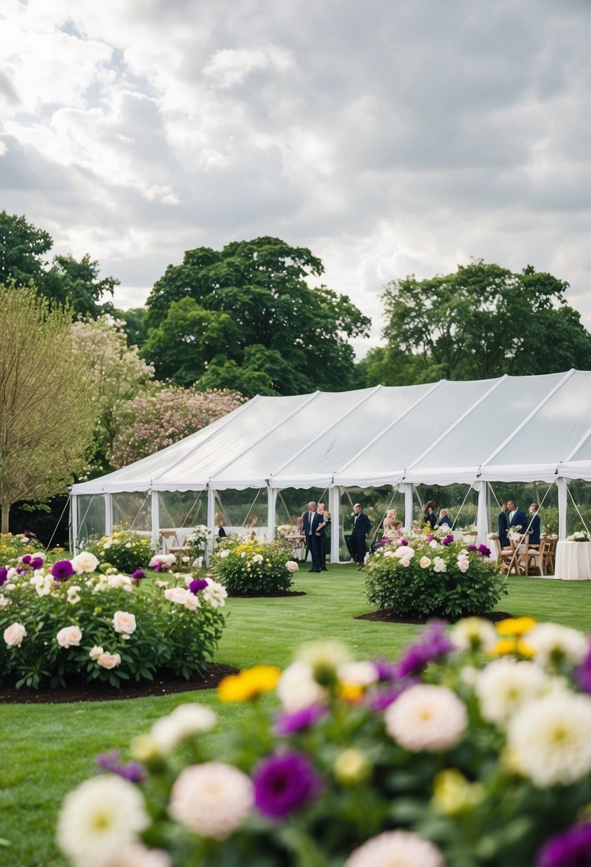 A garden wedding venue with blooming flowers and a clear tent to accommodate rain showers