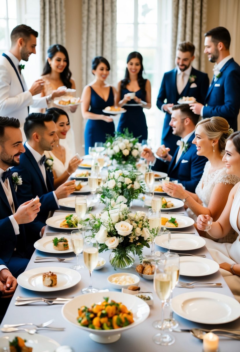 A table set with a variety of elegant dishes and utensils, surrounded by happy couples sampling and discussing different wedding food options