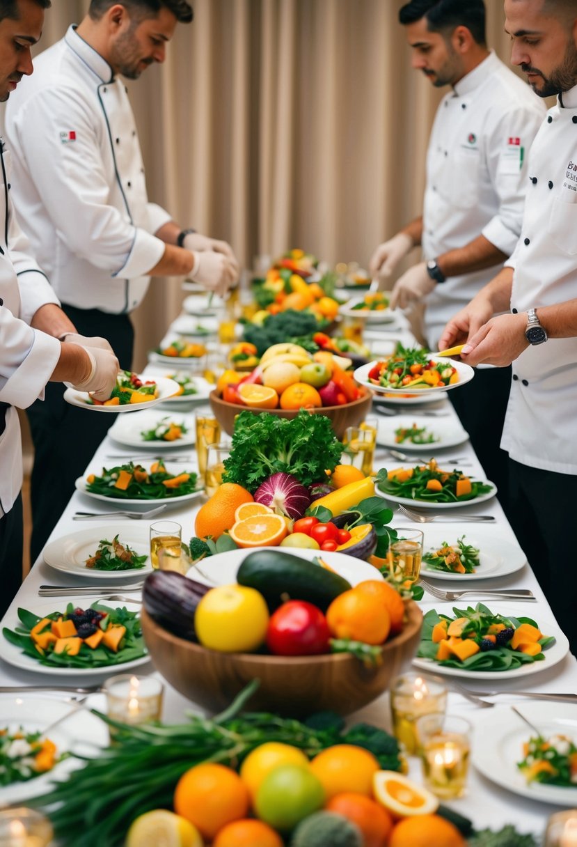 A table adorned with fresh, colorful fruits and vegetables, surrounded by chefs preparing seasonal dishes for a wedding food tasting