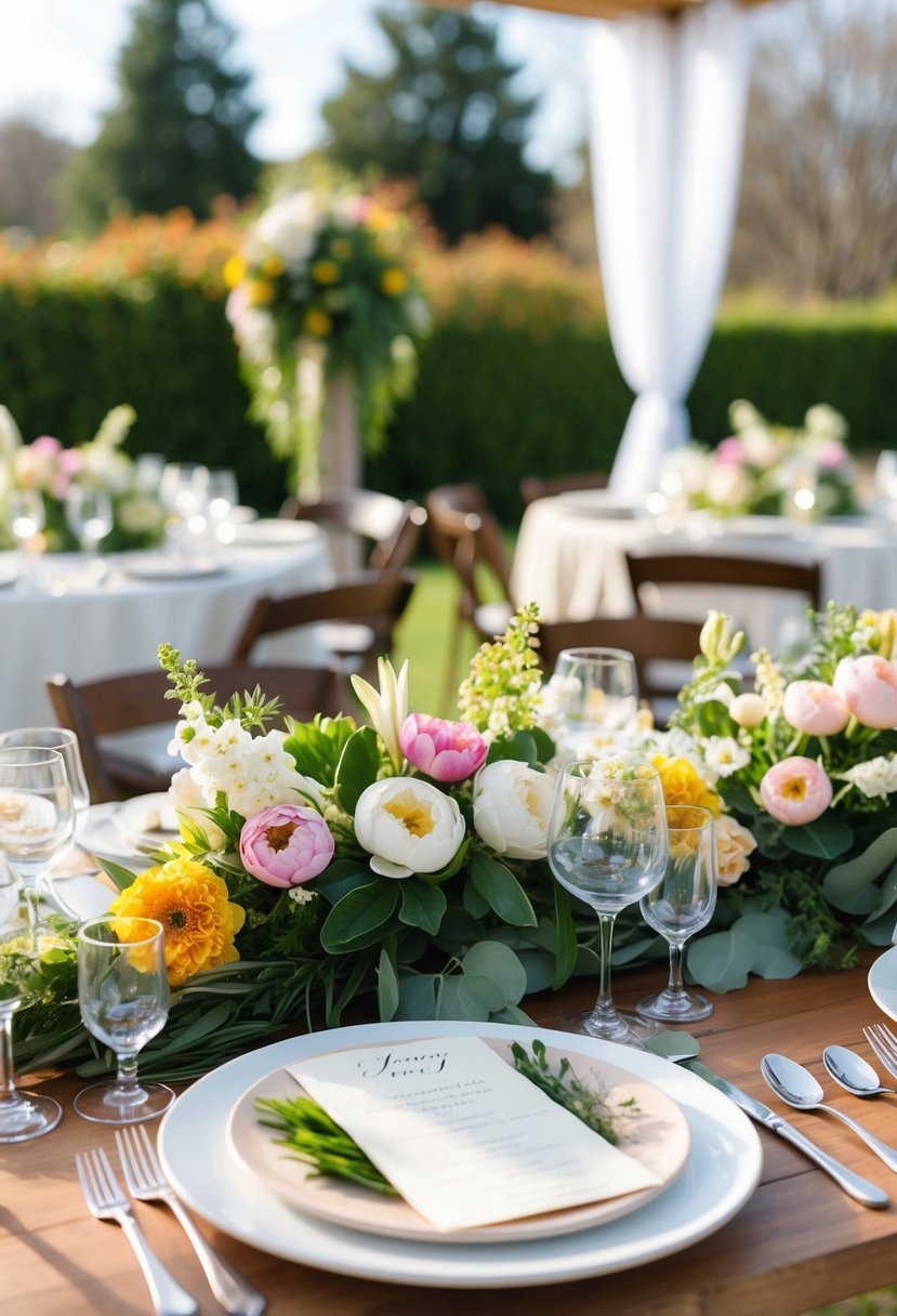 A beautiful outdoor wedding reception with blooming flowers, fresh greenery, and a table set with a seasonal spring menu