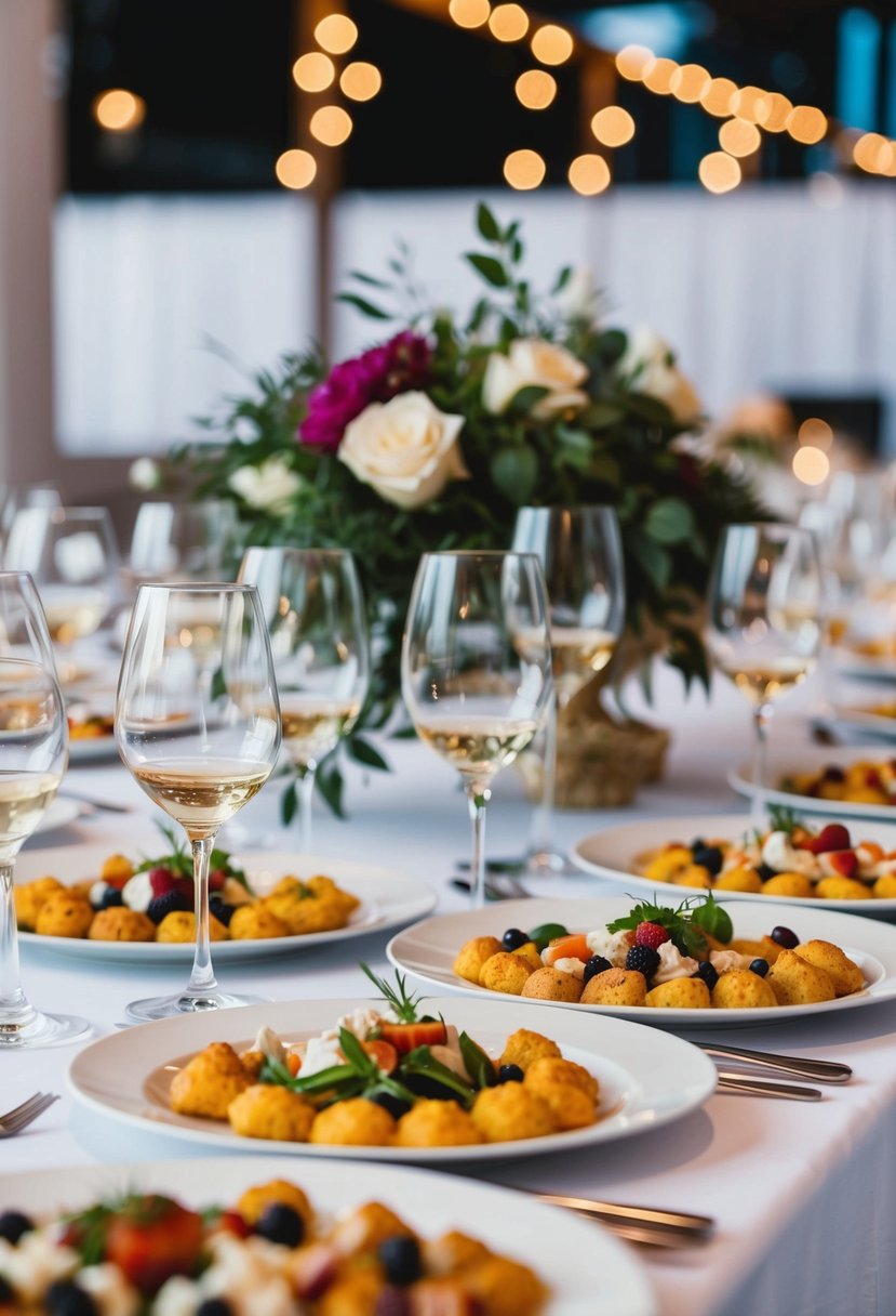 A table set with an array of wine glasses and plates of wedding food samples