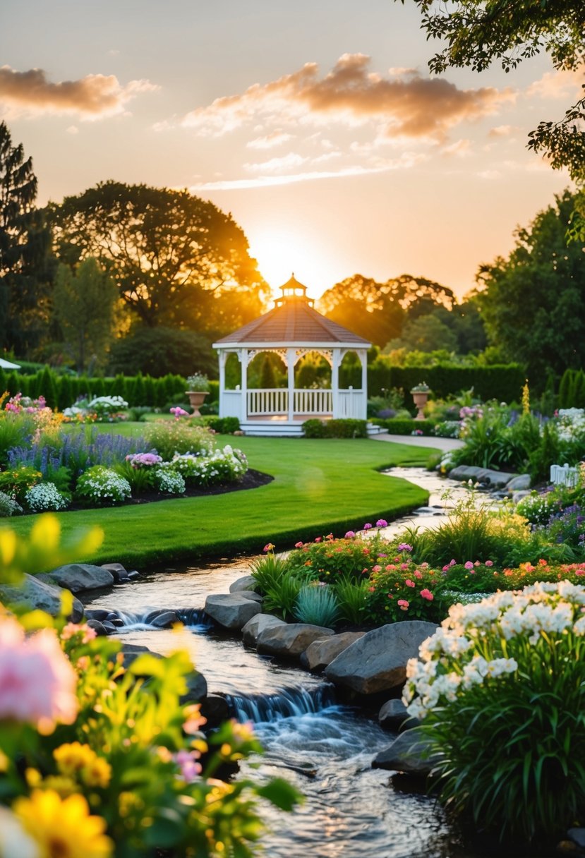 A lush garden wedding with blooming flowers, a flowing stream, and a charming gazebo under the warm glow of the setting sun