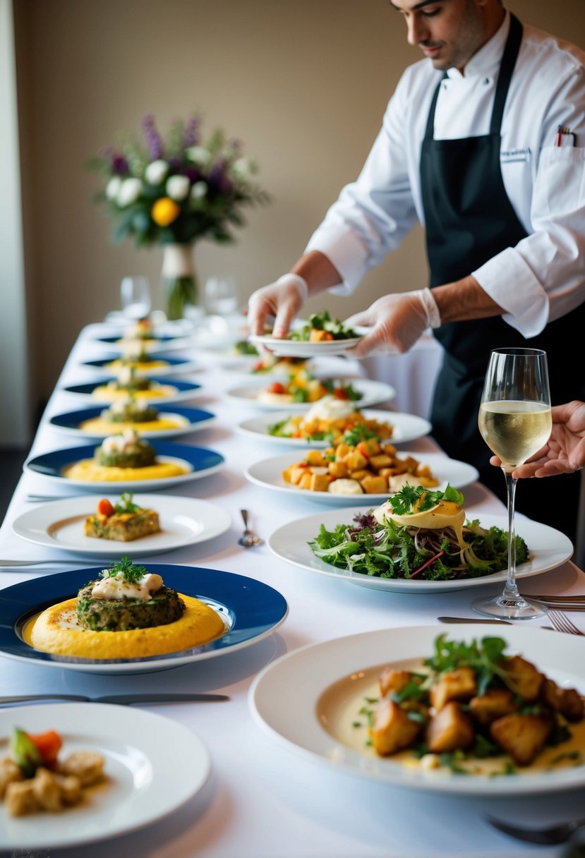 A table set with various plates of food in different portion sizes, with a chef or caterer arranging and presenting the dishes for a wedding food tasting