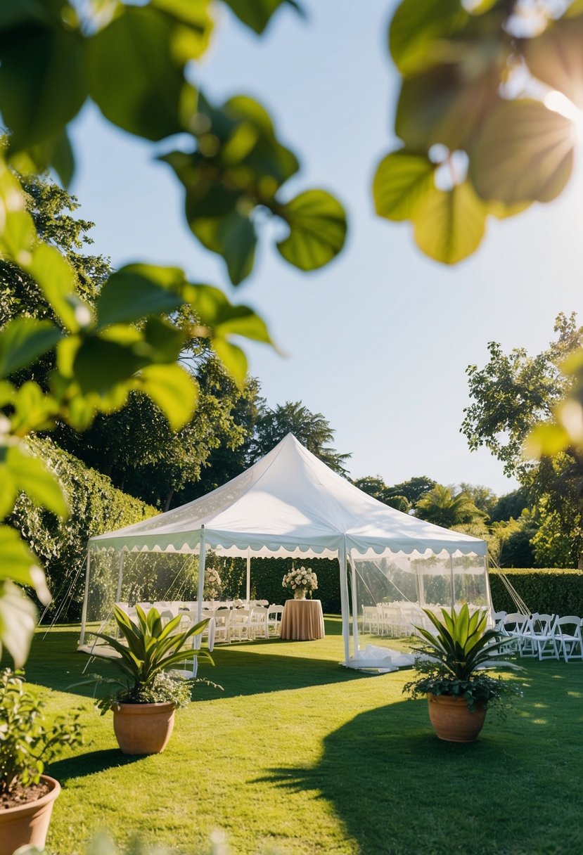 A sunny outdoor wedding with a clear tent and potted plants, surrounded by lush greenery and a backup indoor venue nearby