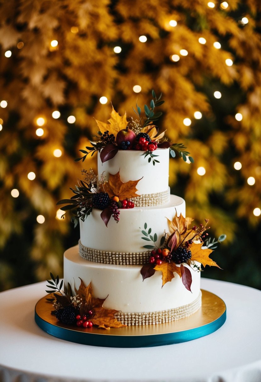 An elegant three-tiered cake adorned with autumn leaves, berries, and flowers, set against a backdrop of golden foliage and twinkling lights