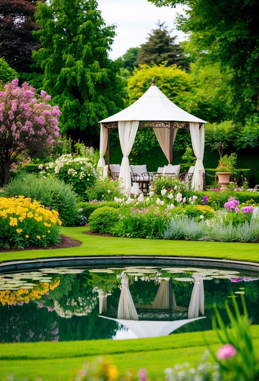 A lush garden with blooming flowers, a gazebo draped in white fabric, and a serene pond surrounded by greenery