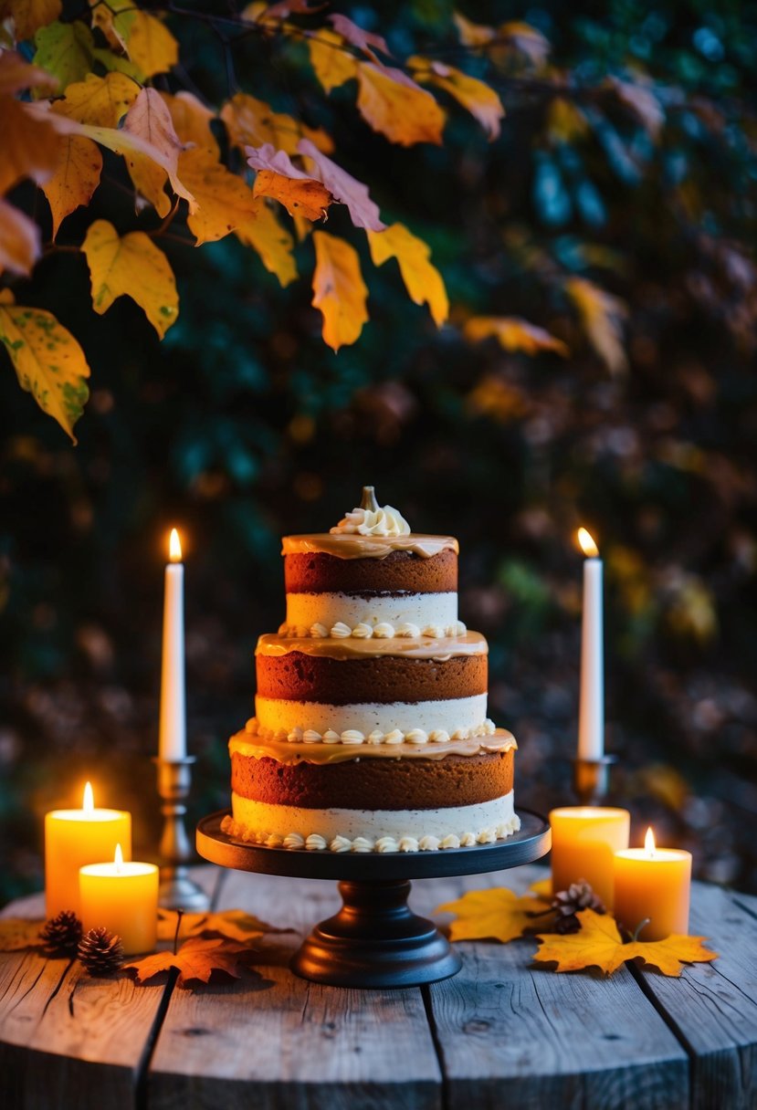 A rustic wooden table adorned with a three-tiered pumpkin spice cake topped with maple frosting, surrounded by autumn foliage and warm candlelight