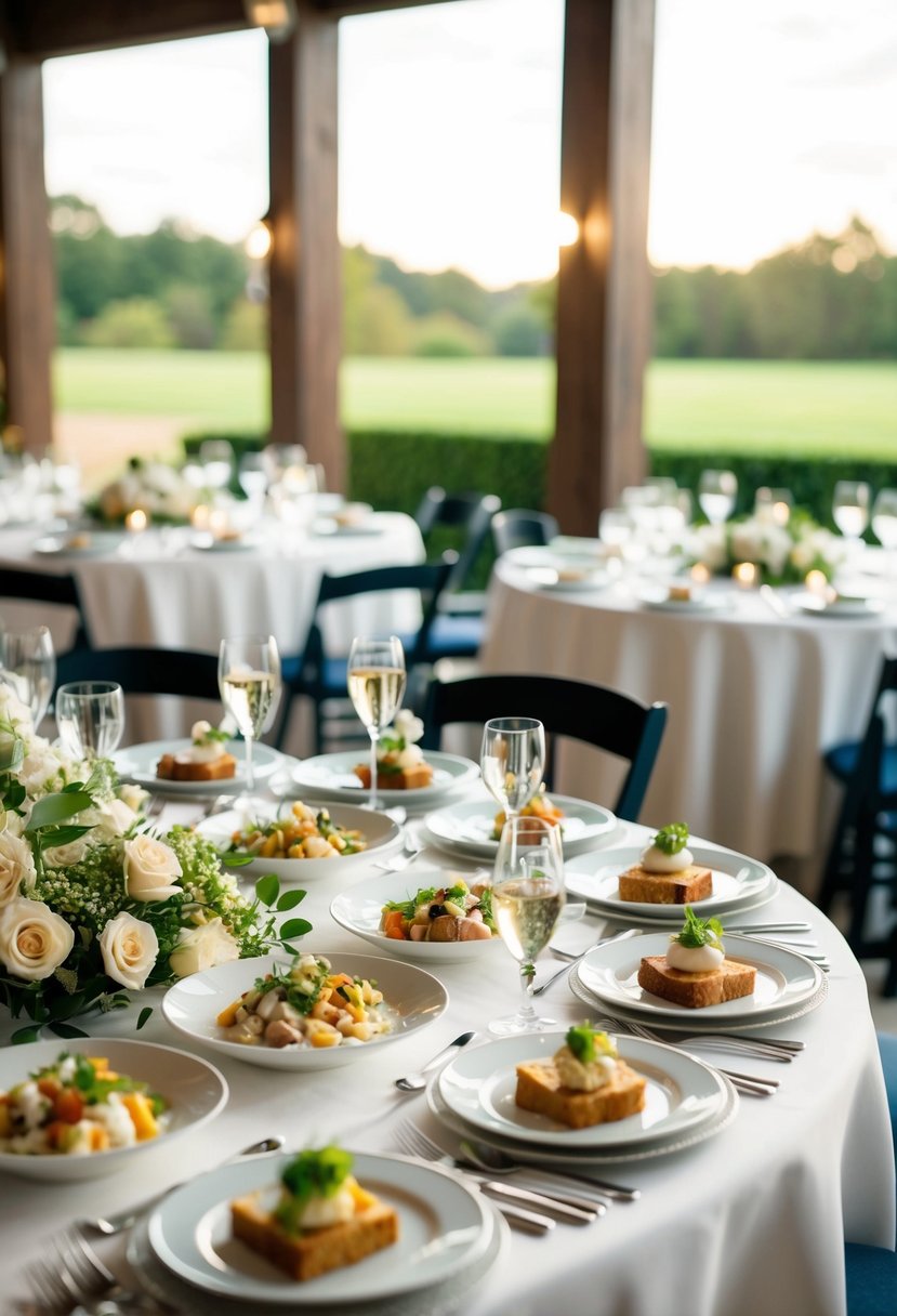 A beautifully set table with elegant place settings showcasing a variety of meticulously presented wedding food tasting options