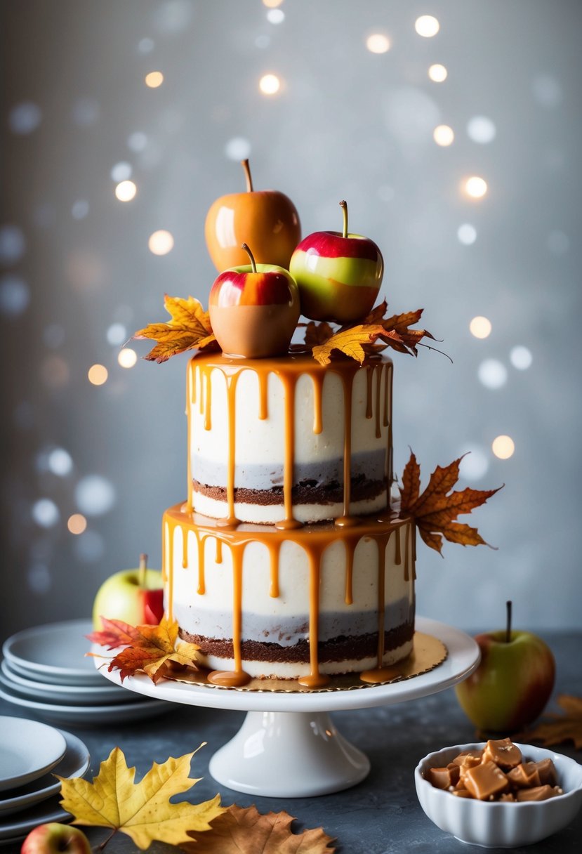 A three-tiered cake with caramel dripping down the sides, topped with caramel-dipped apples and autumn leaves