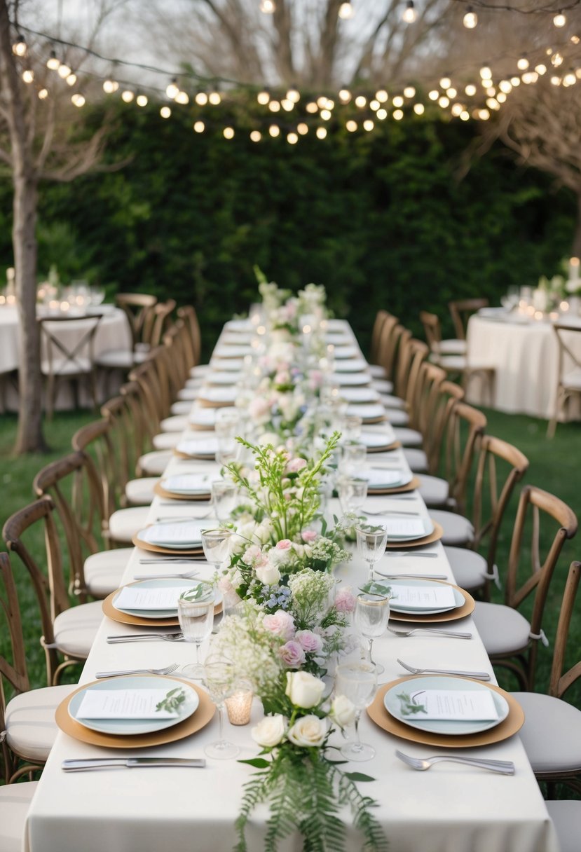 A table adorned with delicate spring flowers and elegant place settings, surrounded by twinkling lights and lush greenery, creating a romantic and budget-friendly wedding atmosphere